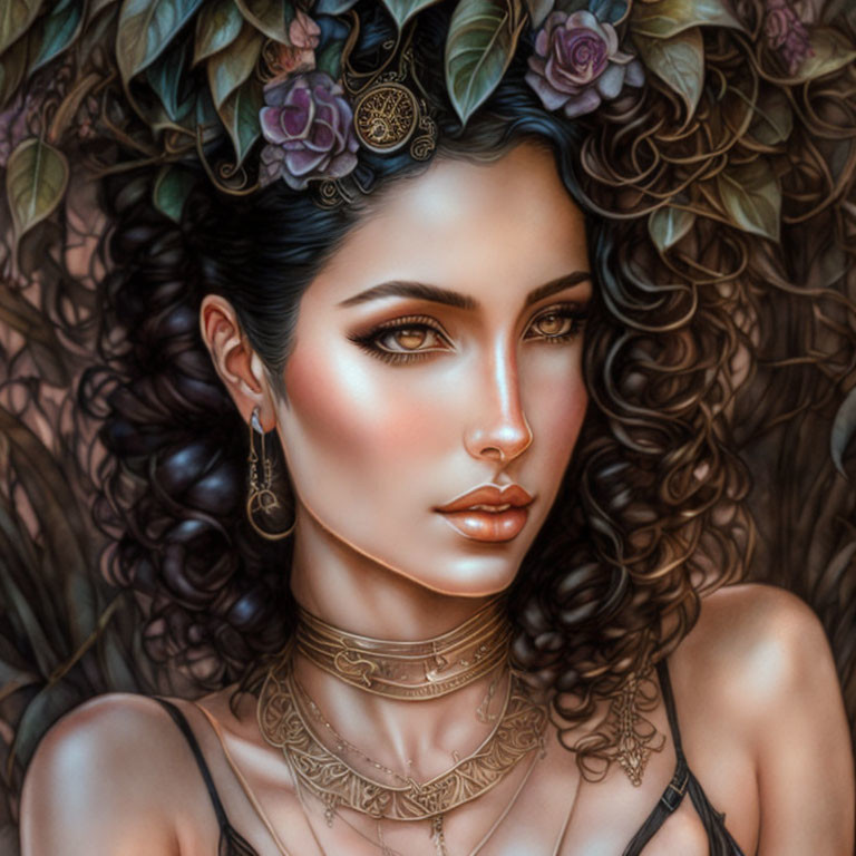 Digital artwork: Woman with curly hair, adorned with flowers and jewelry, featuring detailed facial features.