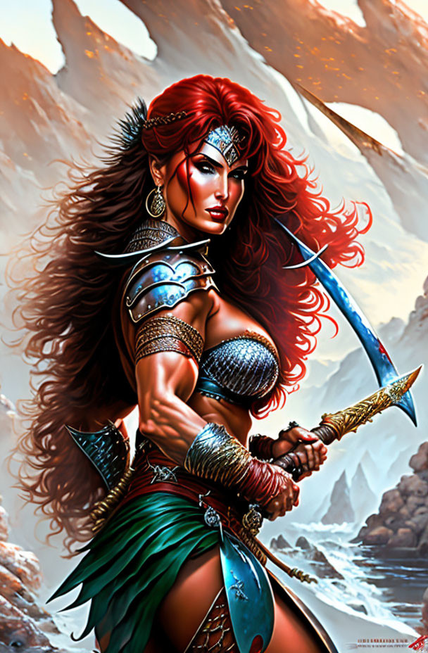 Red-haired warrior woman in fantasy armor wields sword by rocky water.