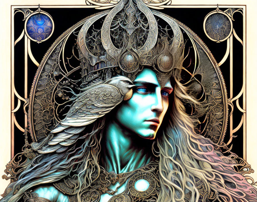 Elven character with ornate headgear and eagle in Art Nouveau setting