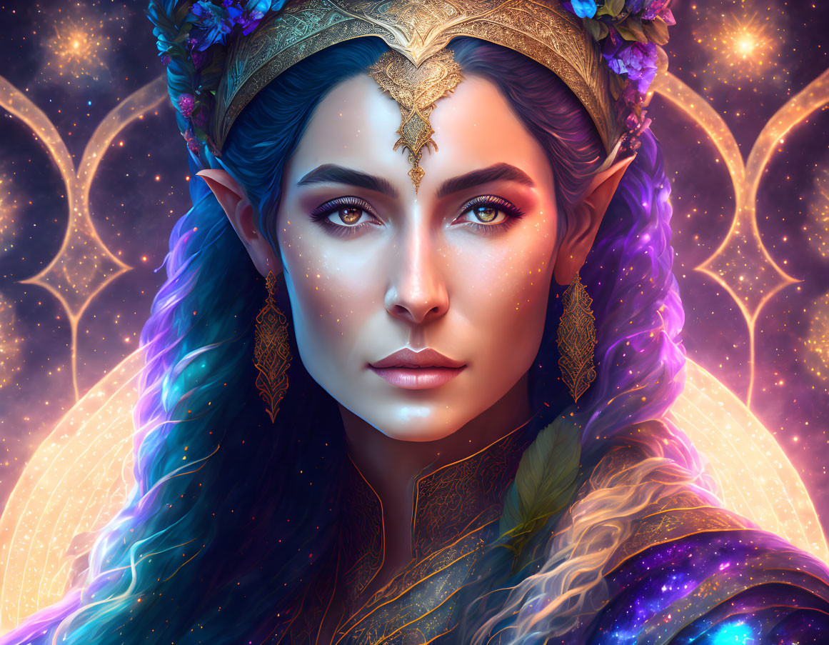 Fantasy elf woman with jeweled headpiece and purple floral crown