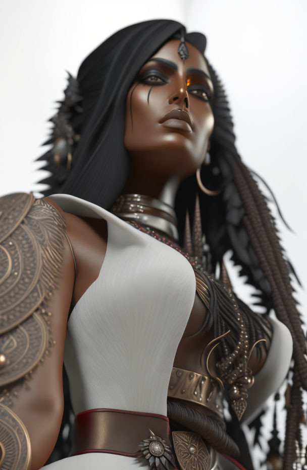 Dark-skinned woman with tribal tattoos, golden jewelry, and spiked hair in 3D render.