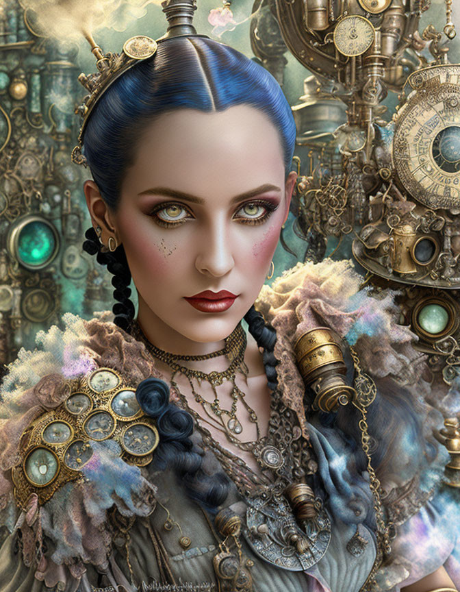 Fantastical digital art: Woman with blue hair in steampunk regal attire