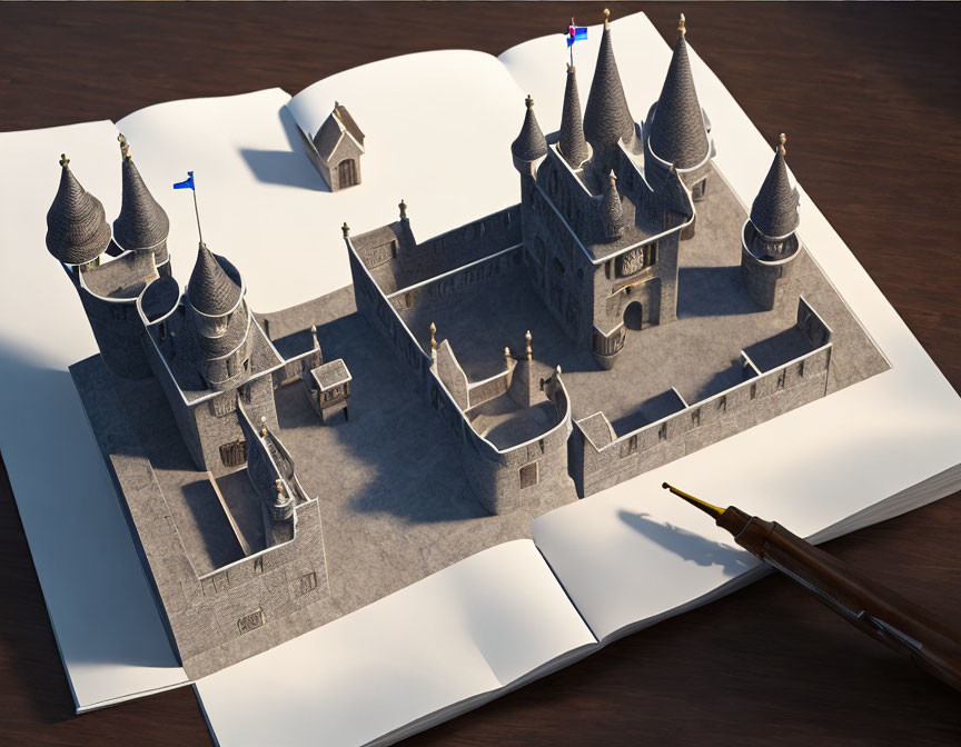 Intricate pop-up castle on open book with fountain pen