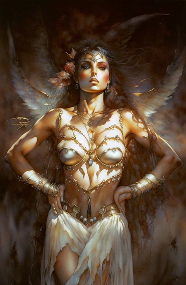 Dark-haired fantasy figure with angelic wings in golden jewelry and diaphanous skirt against moody