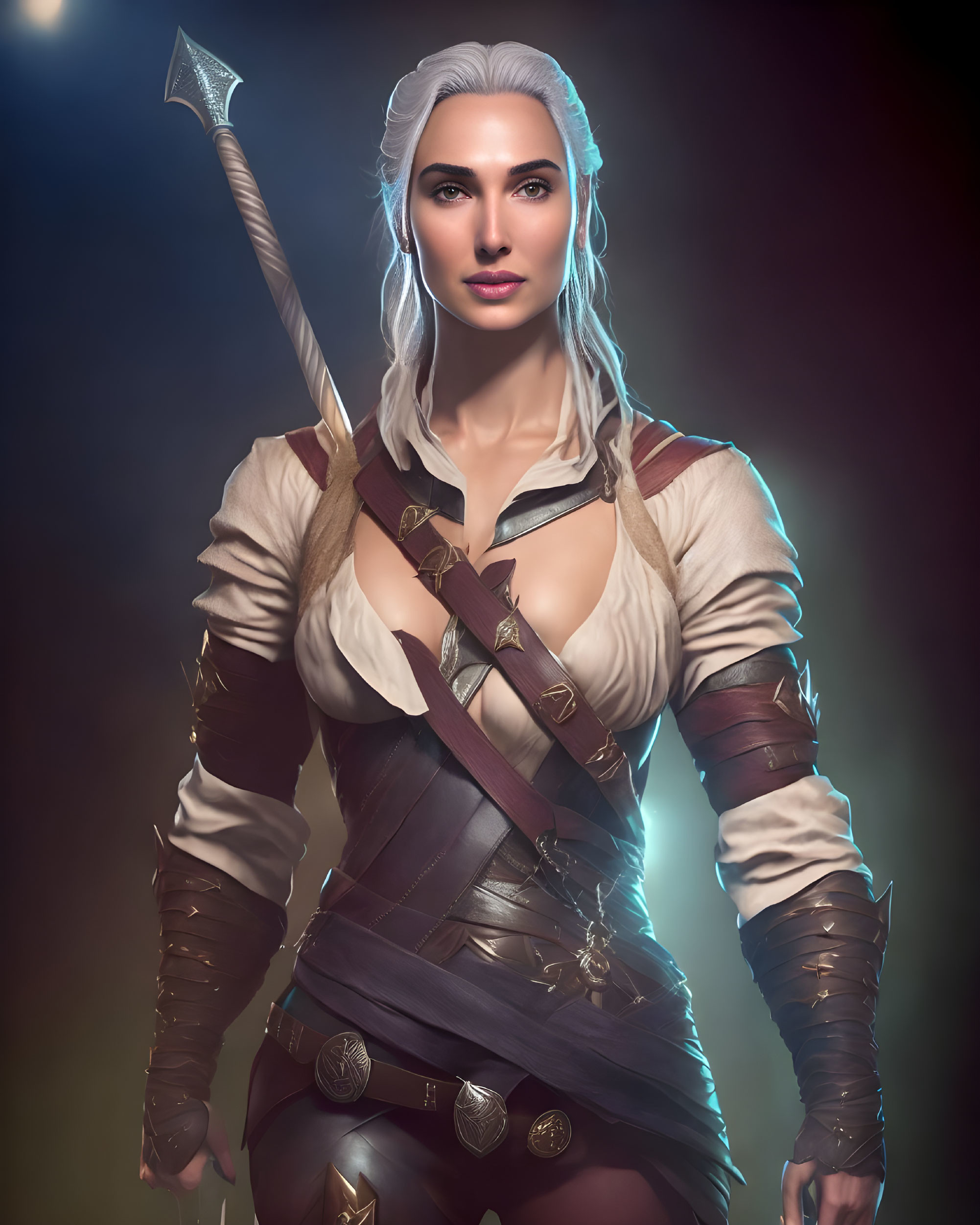 Fantasy female warrior digital portrait with white hair and spear in medieval attire