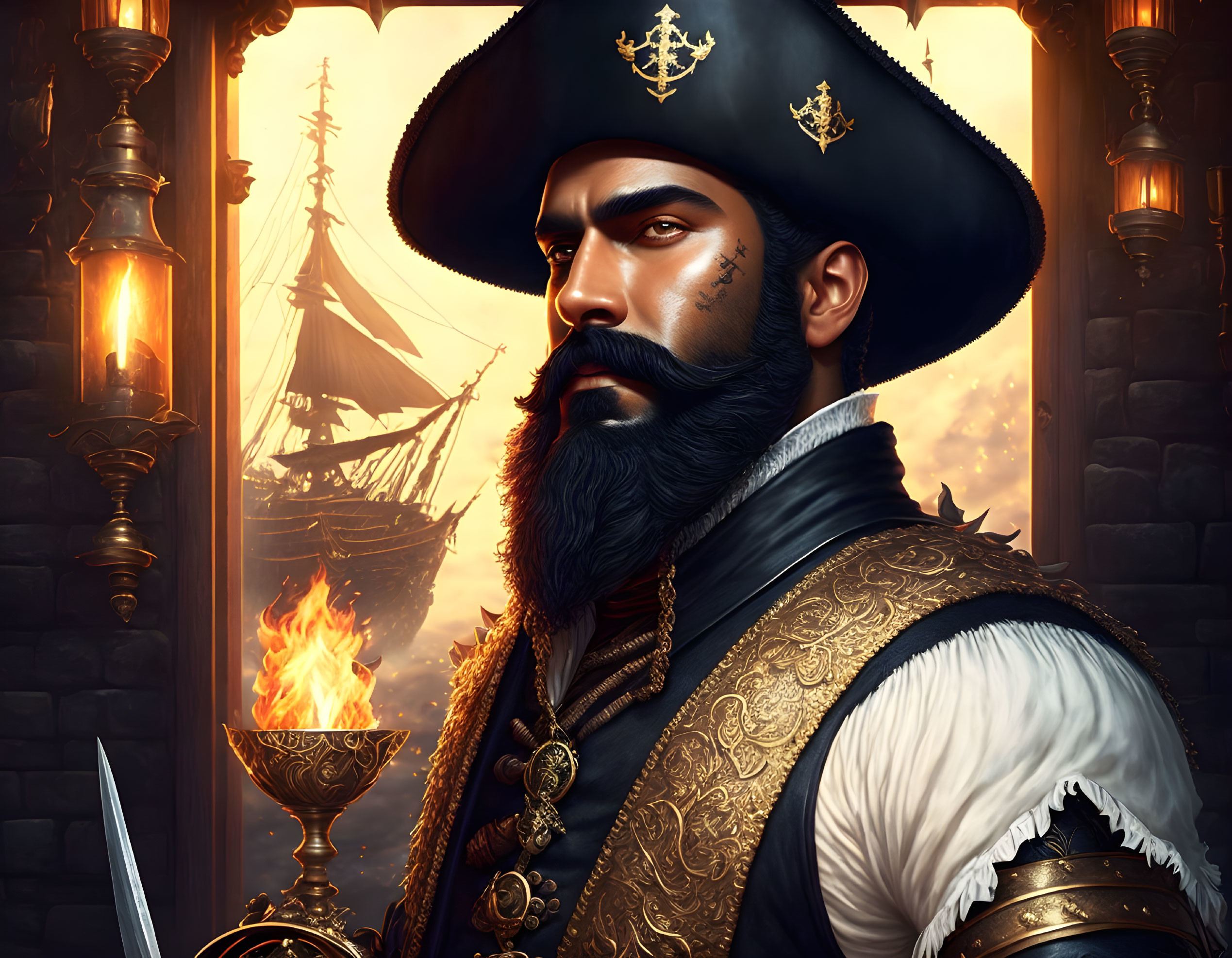 Illustrated pirate captain with beard and hat on ship deck with fiery torches
