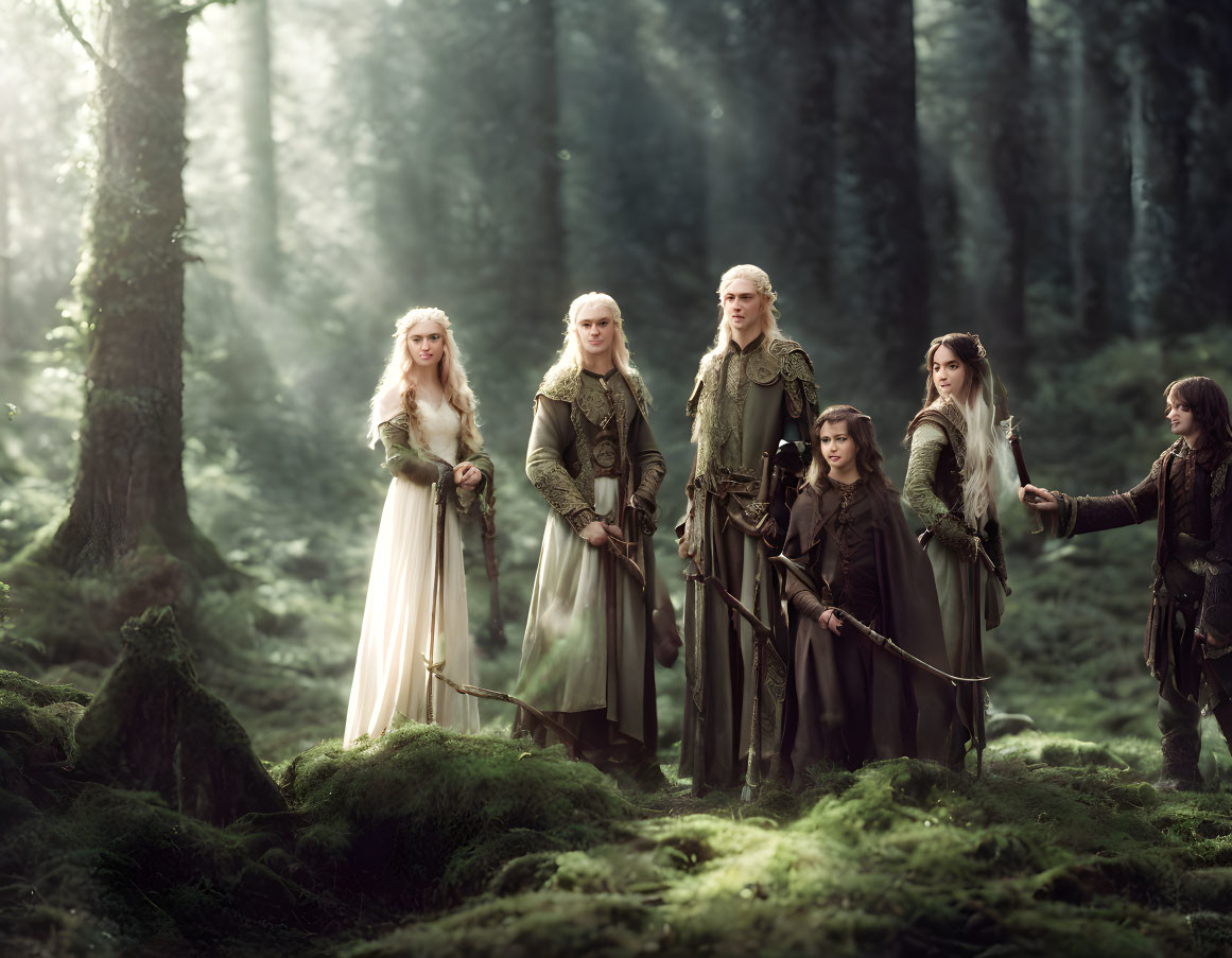 Five individuals in medieval fantasy attire standing in misty forest with swords.