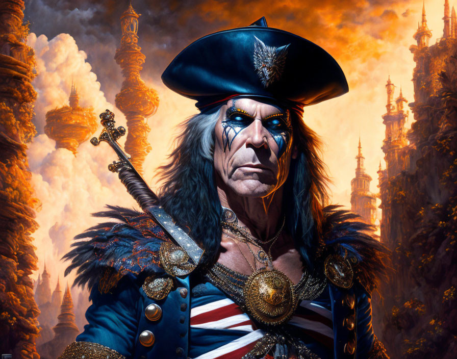 Ornate pirate character in tricorn hat against fiery backdrop