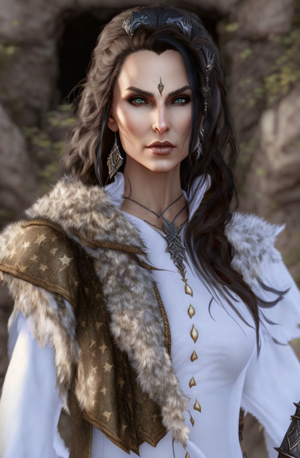 Dark-haired fantasy woman with ornate headpiece and regal cloak in rocky setting.