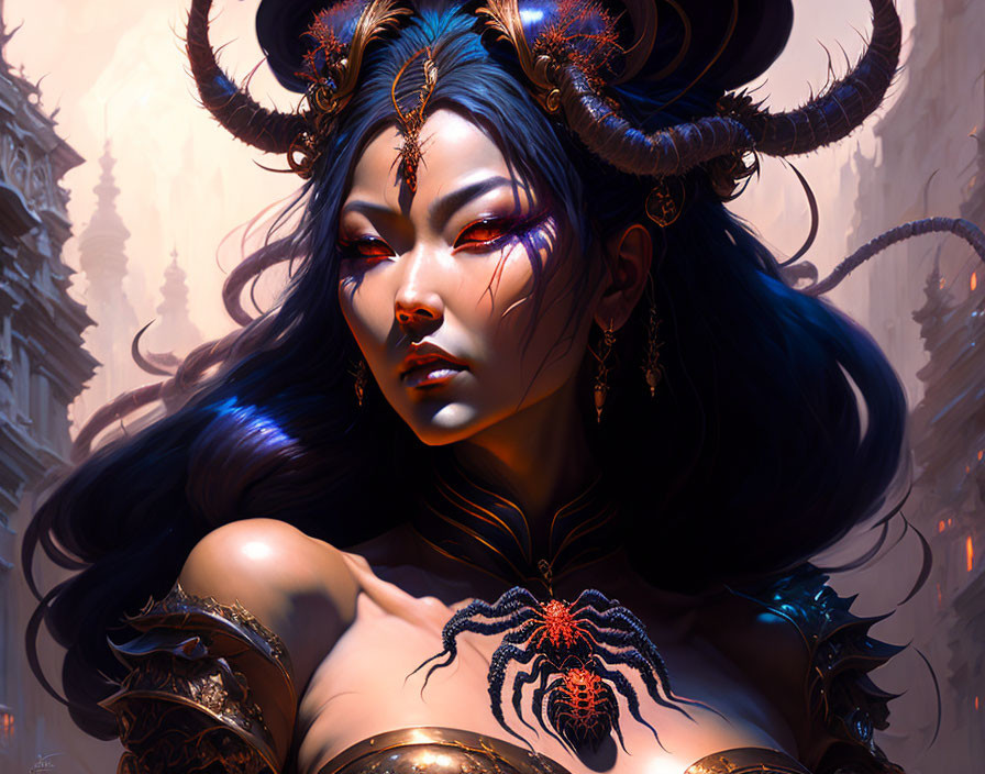 Fantasy artwork featuring woman with horns, jewelry, and spider motif against architectural background