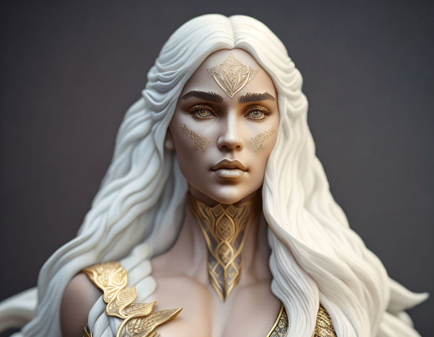 Detailed 3D fantasy female sculpture with gold adornments and flowing hair