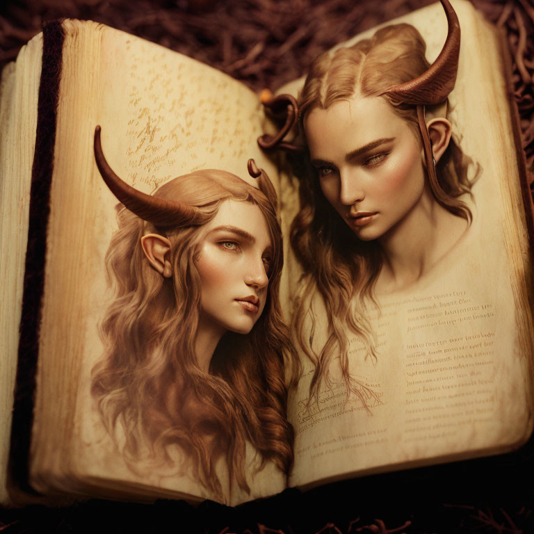 Realistic Illustrations of Horned Individuals on Open Book