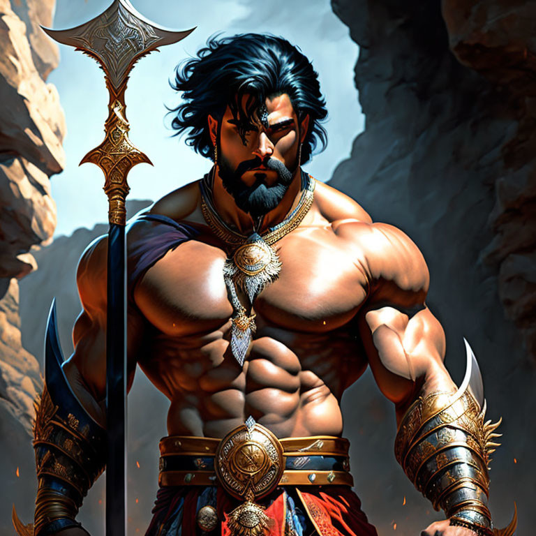 Muscular warrior with spear in ornate armor on rocky backdrop