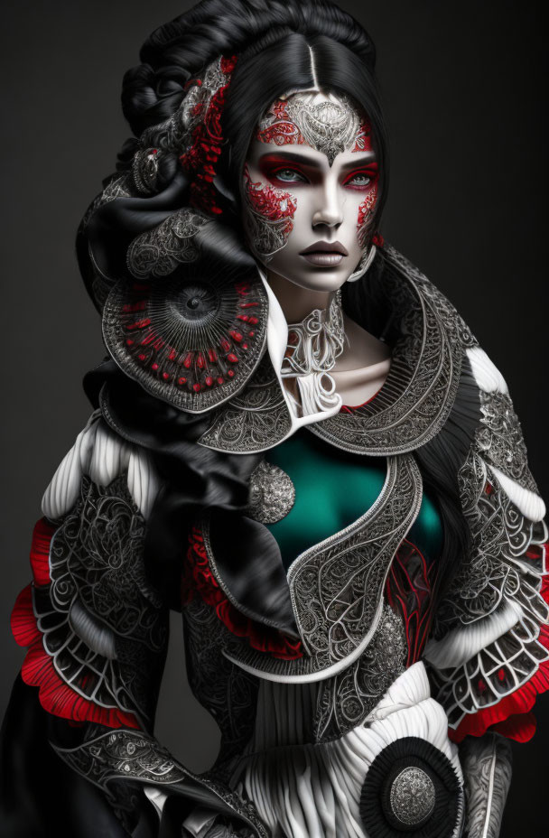 Monochrome armor-clad woman with red facial patterns in digital art