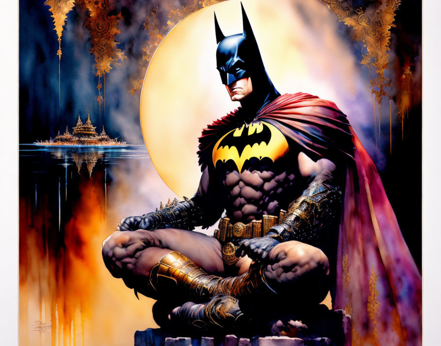 Stylized Batman illustration in meditative pose with golden city and moon.