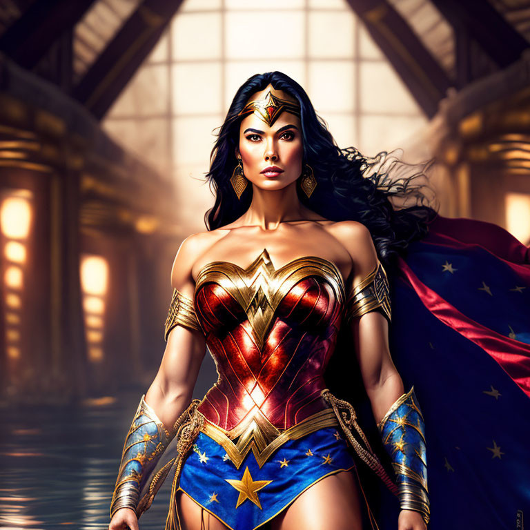 Strong female superhero with dark hair in red and gold bodice and blue starry bottoms in grand hall