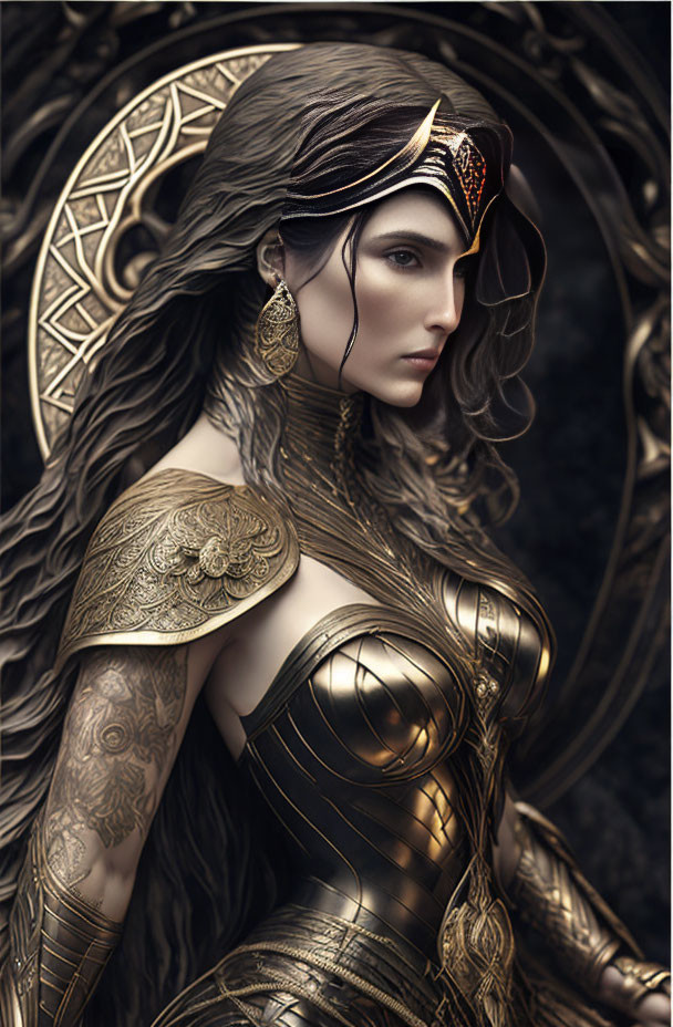 Digital artwork of woman in ornate golden armor with long dark hair