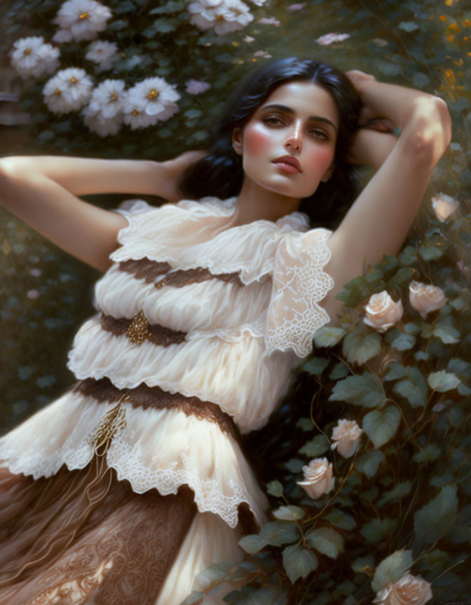 Woman in vintage cream dress near blooming roses in serene garden