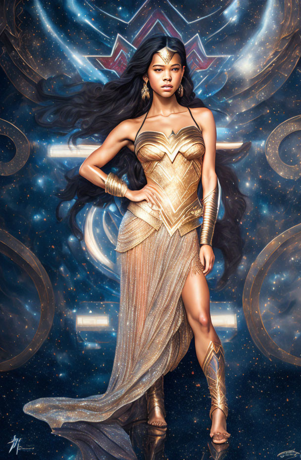 Digital artwork: Wonder Woman in gold-accented costume, flowing hair, cosmic backdrop with 'W