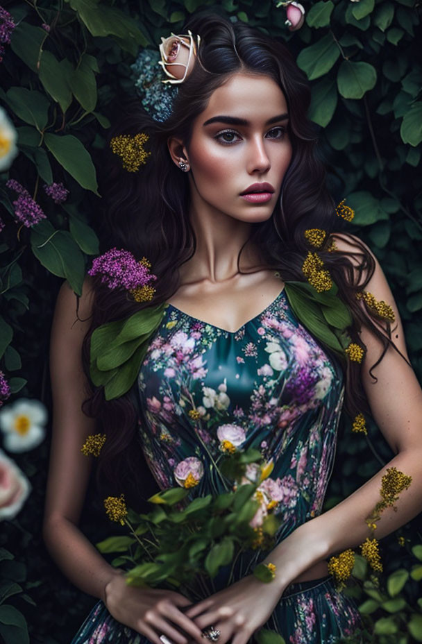 Dark-haired woman with striking makeup surrounded by flowers holding a bouquet