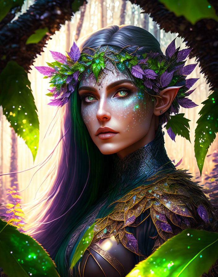 Fantasy elf woman portrait with blue eyes, leafy crown, green and purple hair in magical forest