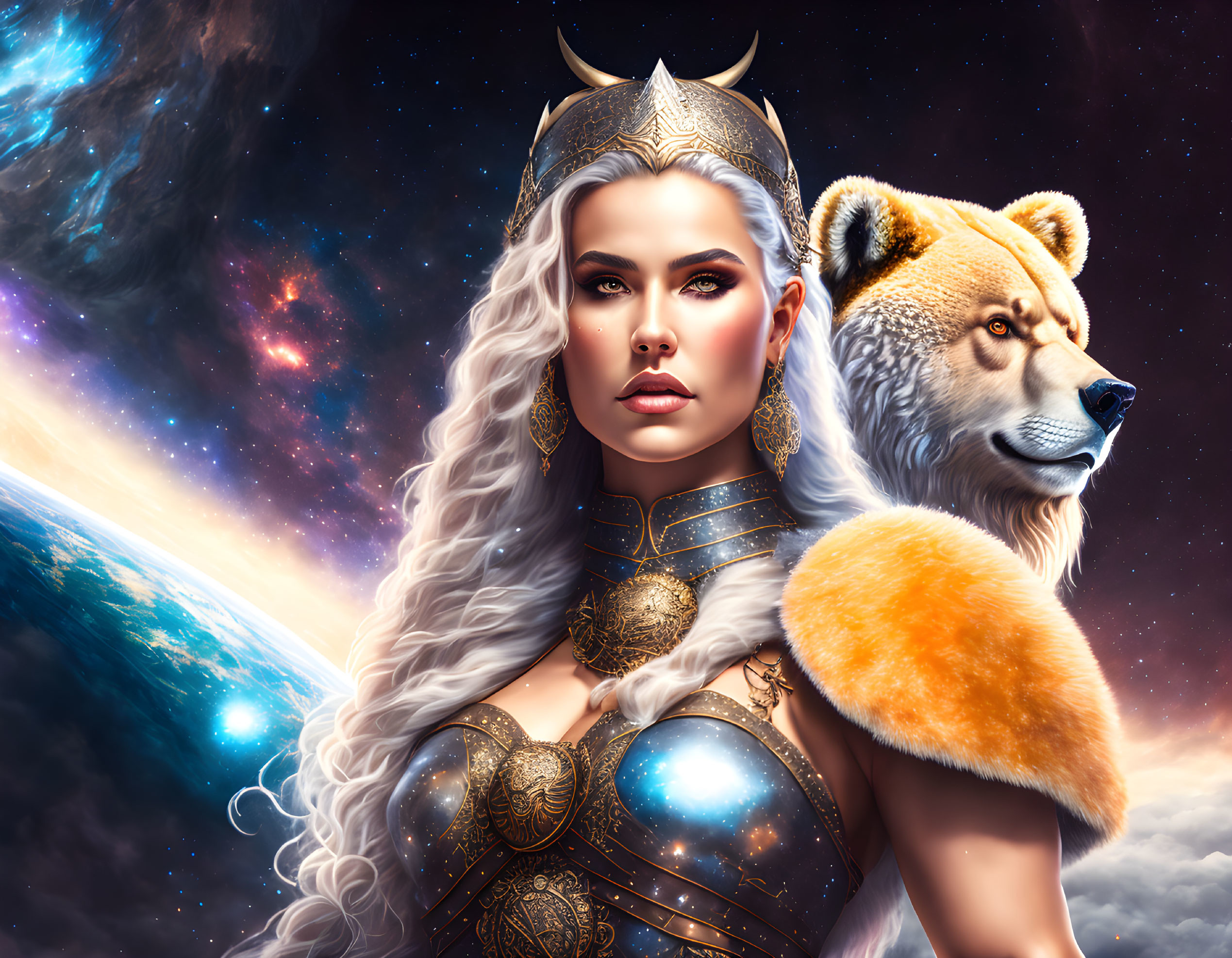 Fantasy illustration of warrior woman with silver hair and armor and majestic bear in cosmic setting