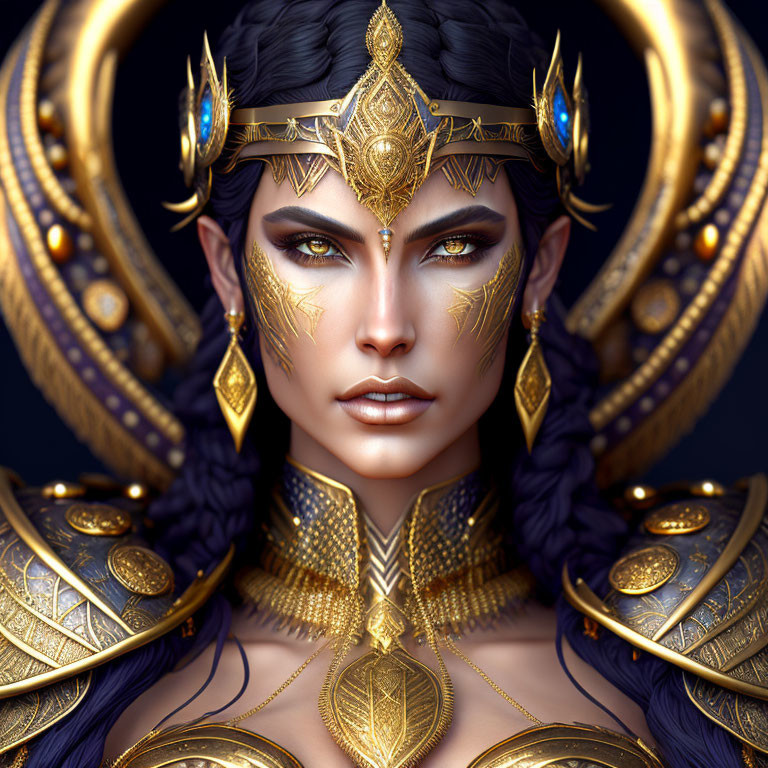 Regal woman portrait in gold and blue attire against dark background