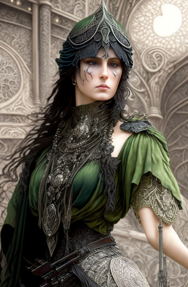 Dark-haired woman in fantasy armor against ornate background