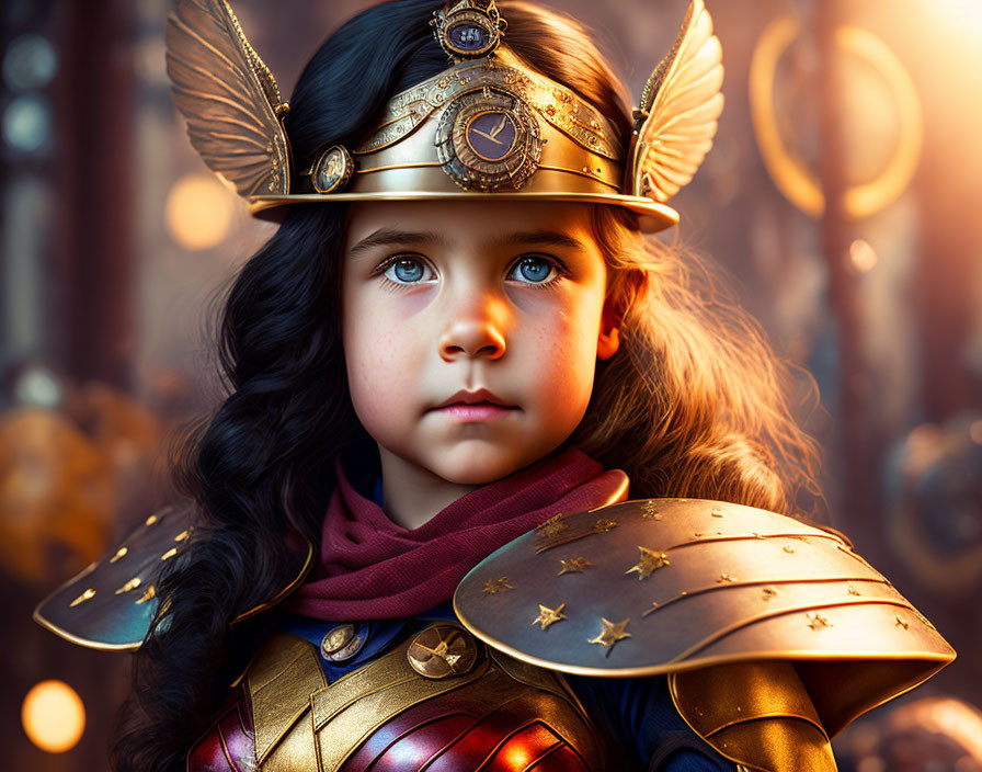 Young child in golden armor and ornate helmet with wings, gazing ahead in warm, bokeh