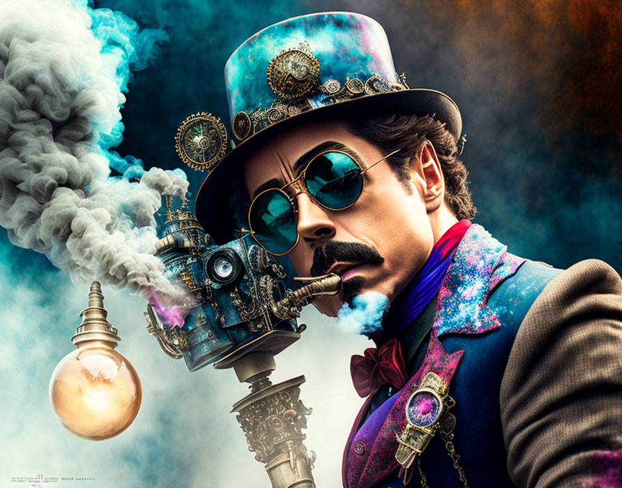 Steampunk man in top hat and goggles smoking pipe in colorful backdrop