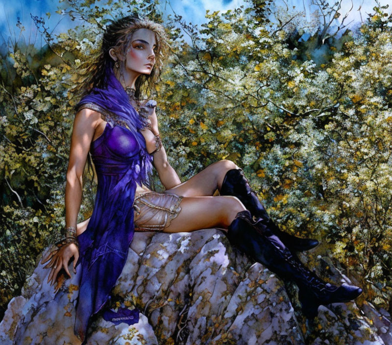 Fantasy artwork of a warrior woman in purple cloak and armor amid blooming bush