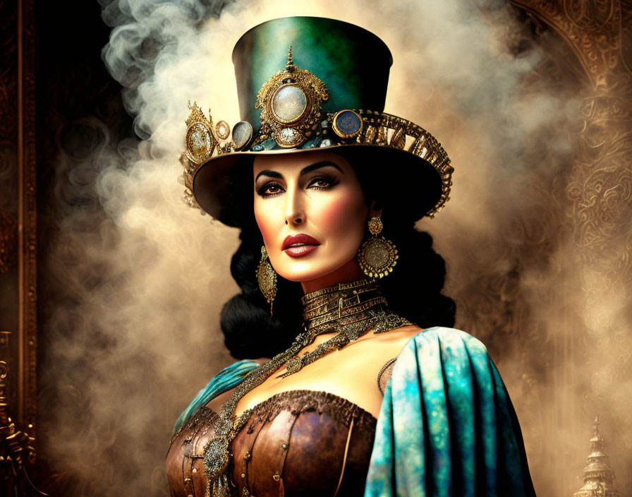 Steampunk-themed woman in ornate outfit and top hat against vintage backdrop