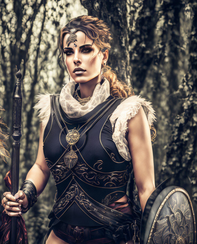 Fierce woman in ornate warrior attire with staff and shield in forest setting