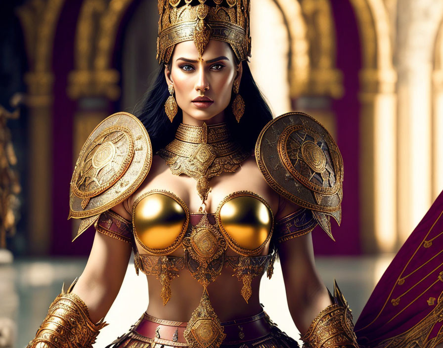 Regal woman in golden armor and headdress with palace backdrop