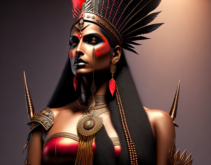 Portrait of woman with tribal headdress, dramatic makeup & warrior jewelry