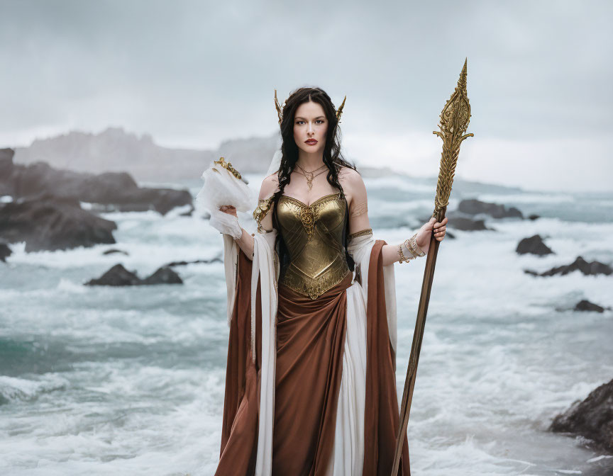 Fantasy-style armor woman with spear and skull on rocky shore