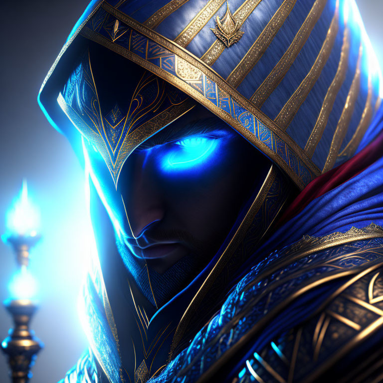 Mysterious Figure with Glowing Blue Eyes in Ornate Blue and Gold Robe