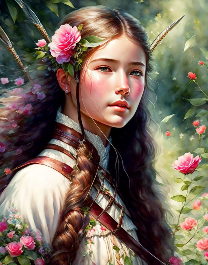 Fantasy portrait of young woman with elfin ears and floral hair, among blooming roses