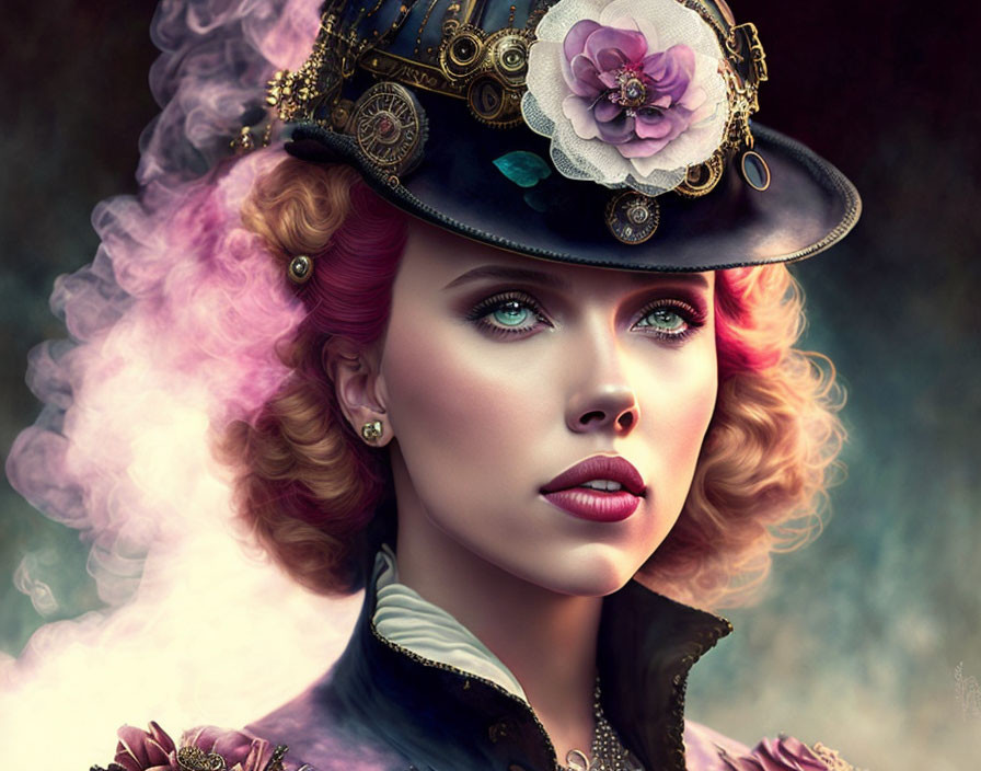 Colorful-haired woman in steampunk hat with gears and flower, dreamy expression.