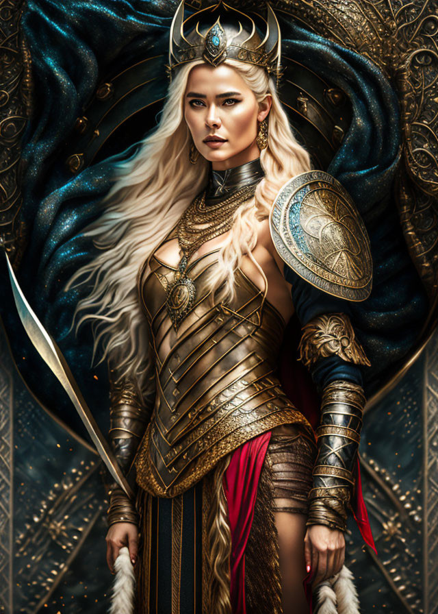 Regal woman in golden armor with crown, shield, and sword against cosmic backdrop