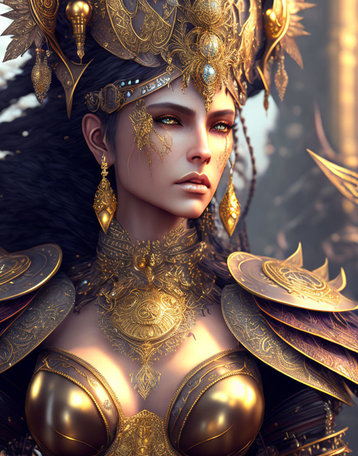 Regal woman with golden headgear, armor, green eyes, and elegant jewelry.