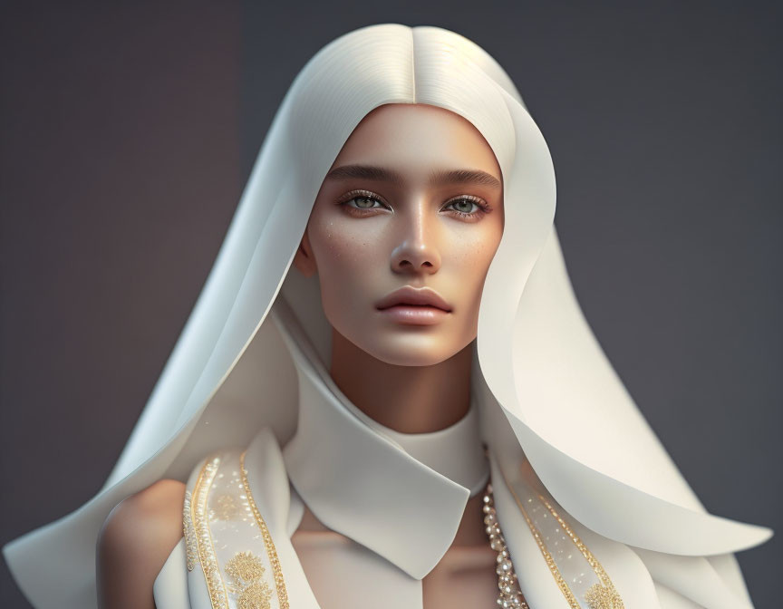Serene woman with white hair and elegant outfit adorned with gold jewelry