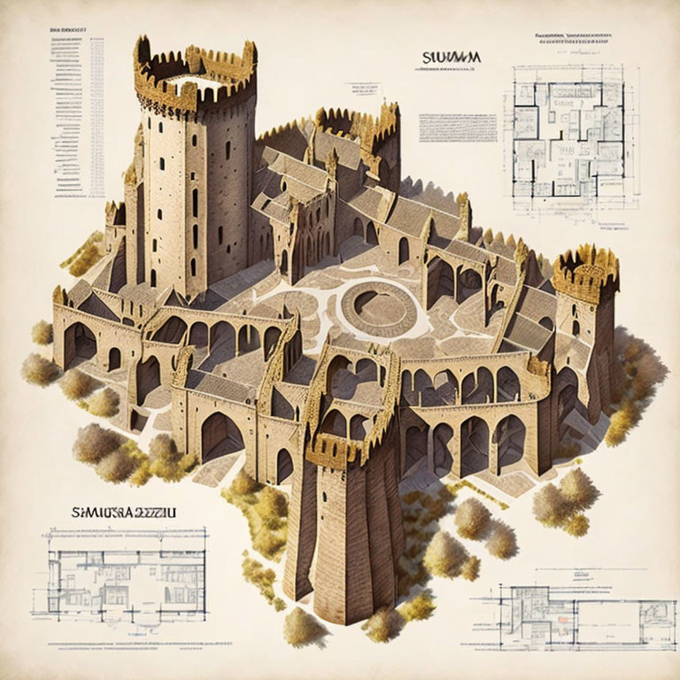 Fantasy castle illustration with towers, arches, and blueprints in fictional language