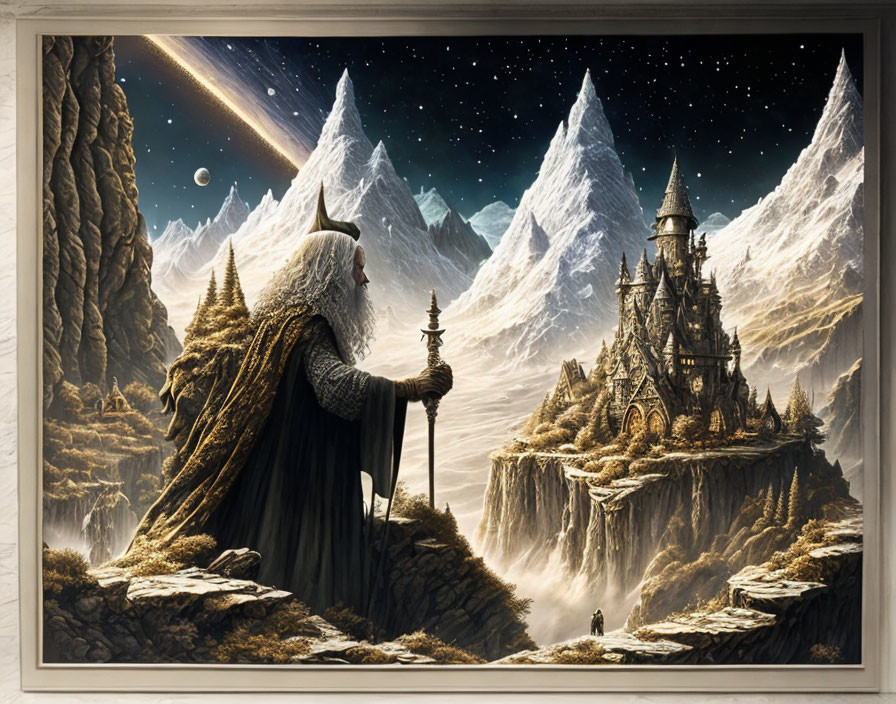 Wizard with staff gazes at fantasy landscape with mountains, castle, waterfalls, and starry sky