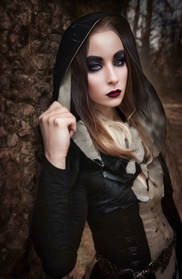 Woman with dramatic makeup in dark, hooded outfit in forested setting