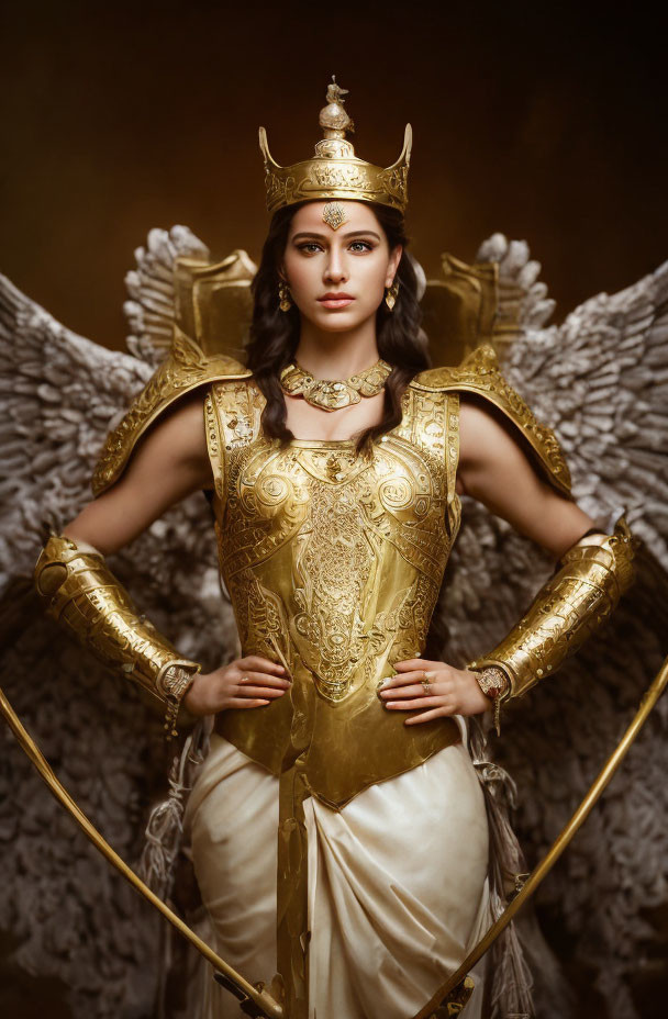 Regal figure in golden armor with crown and wings.