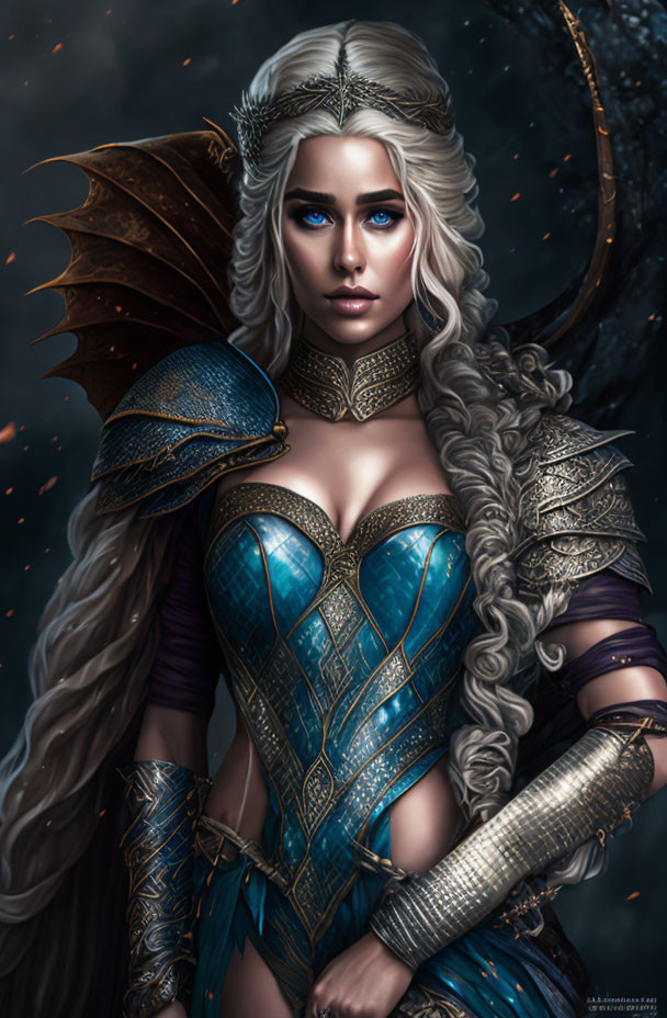 Fantasy warrior woman with blue eyes, intricate armor, wavy hair, and metallic wing accessory