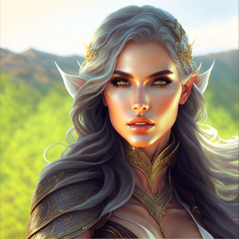 Fantasy portrait of an elven woman with wavy hair and green eyes