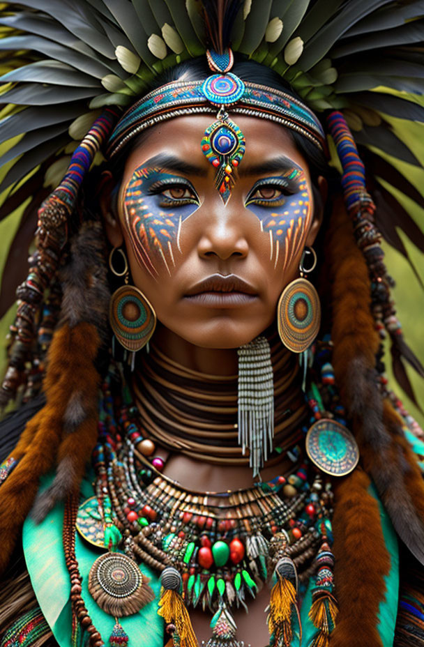 Person in Native Attire with Feather Headdress and Face Paint