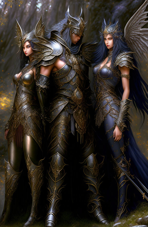 Three fantasy characters in ornate armor in mystical forest